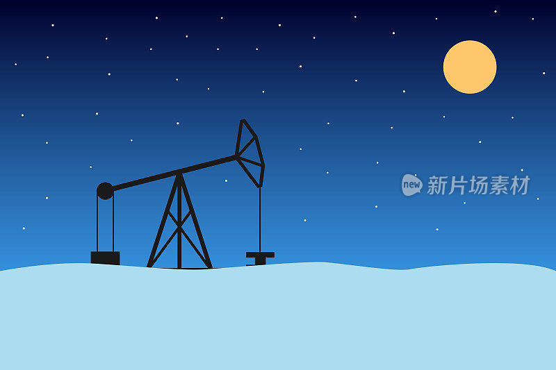 Horse head oil pump. Winter night. Vector illustration